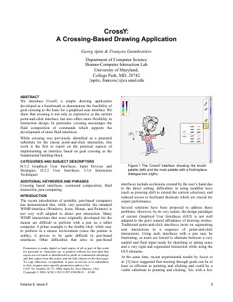 First page of the paper CrossY, a crossing-based drawing application, Apitz and Guimbreti&egrave;re, UIST 2004.